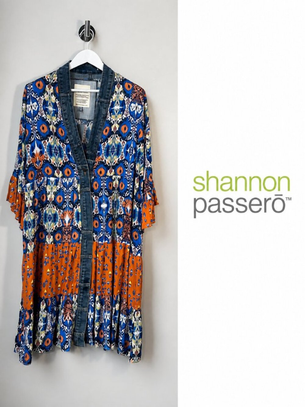NWT Shannon Passero O/S Boho Ikat Kimono Duster Cardigan Denim Trim Orange Blue